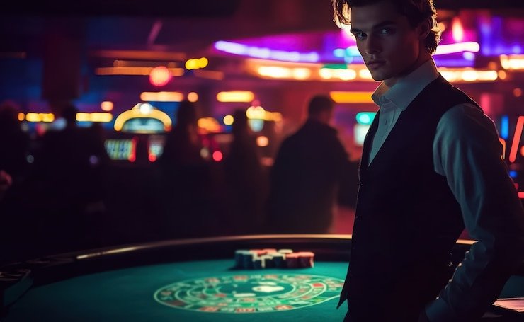 Meja permainan kartu dan roulette siap dimainkan dengan dealer profesional